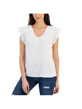 Style & Co Medium White Ruffle Sleeve V-Neck Flutter-Sleeve Blouse Top NWT